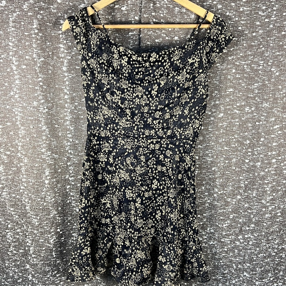 ZARA BASIC Z1975 Denim Off The Shoulder Dress Navy Blue W/ Cream Floral Print - Picture 10 of 10